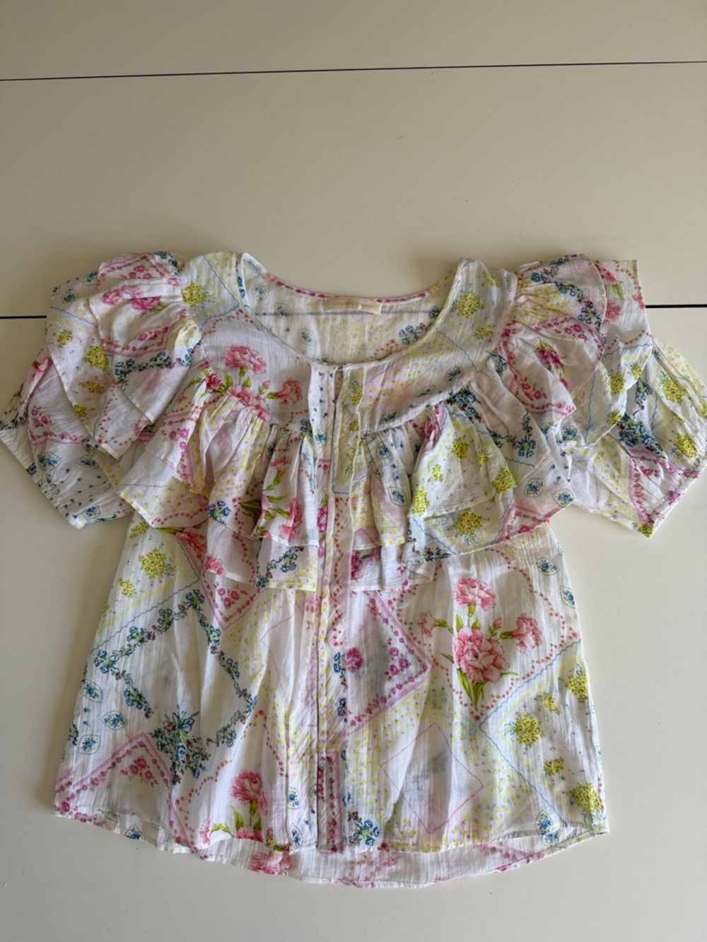LoveShackFancy White Floral Tie-Neck Top with Pink Trim M